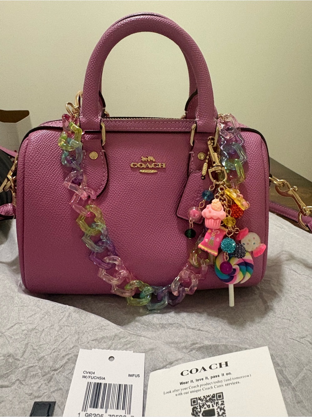 Coach Fuchsia Pebbled Leather Mini Satchel with Colorful Chain